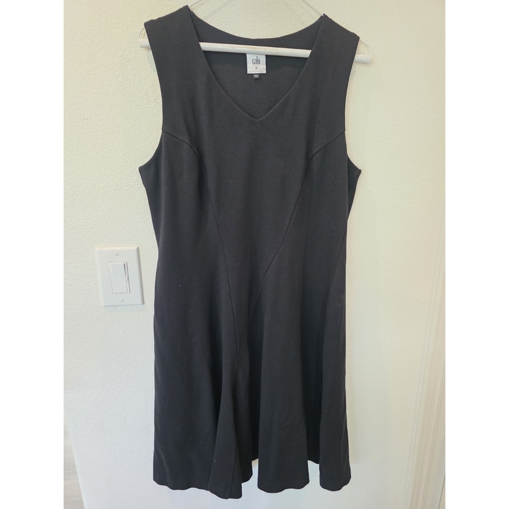 CAbi Black Ponte Knit Tank Dress Size M Knee Length Fit Flare Stretch Lined LBD